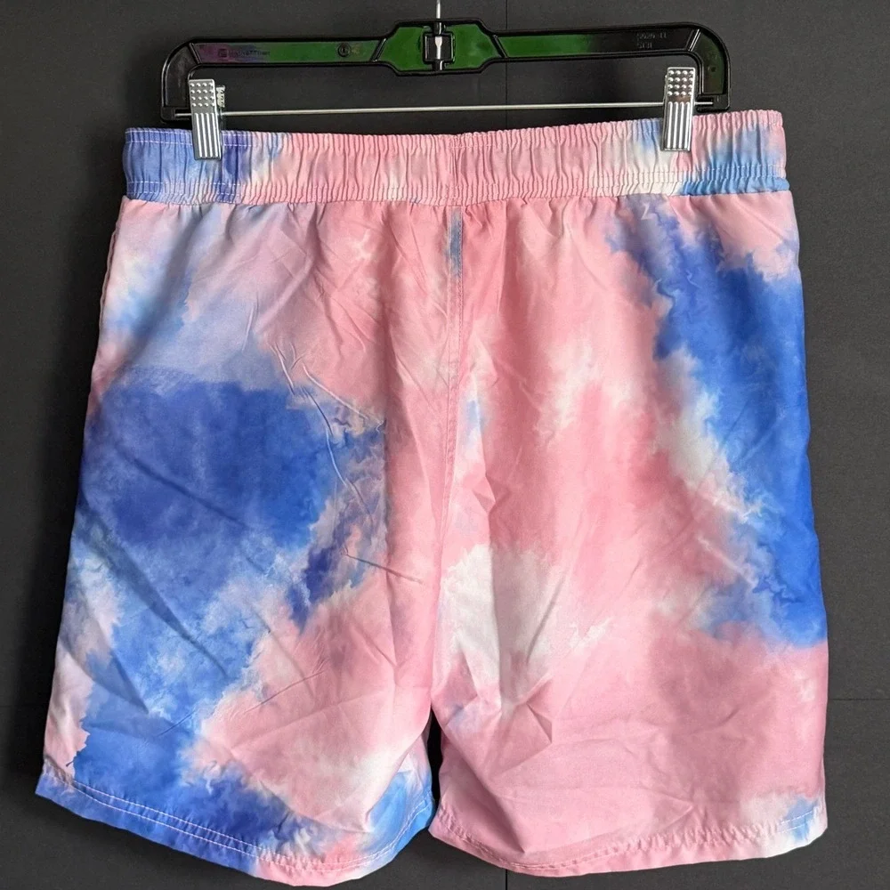 Chemistry Mens Tie Dye Surfing Skeleton Swim Trunks Pink Blue UPF 50+ Large NWT